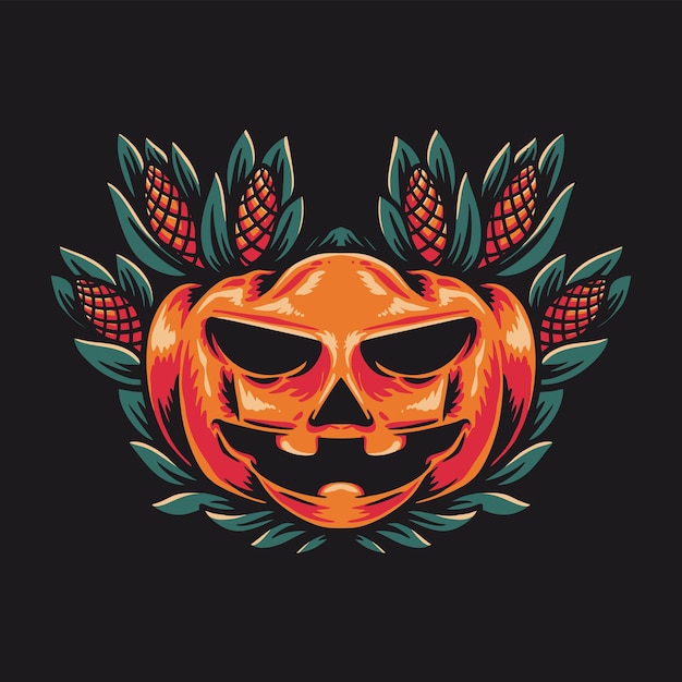 Calabaza, halloween, y, maíz, vector, ilustración, diseño