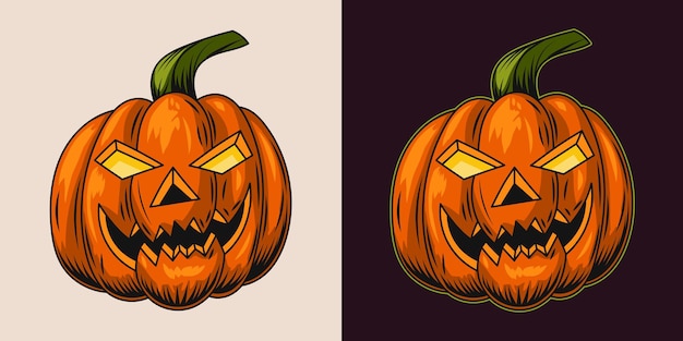 Vector calabaza de halloween con ojos brillantes mueca aterradora jack o linterna tradicional