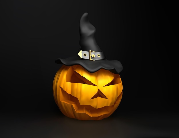 Vector calabaza de halloween con sombrero de bruja ilustración 3d vectorial aislada