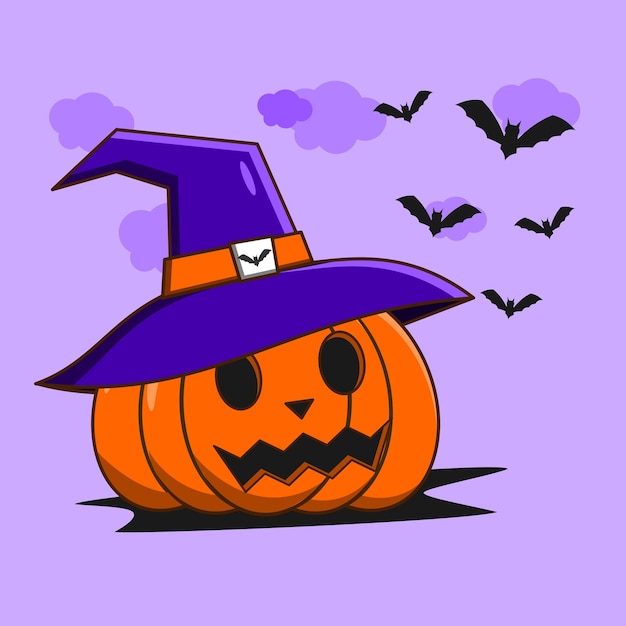 Vector calabaza de halloween con sombrero de bruja y murciélagos ilustración vectorial