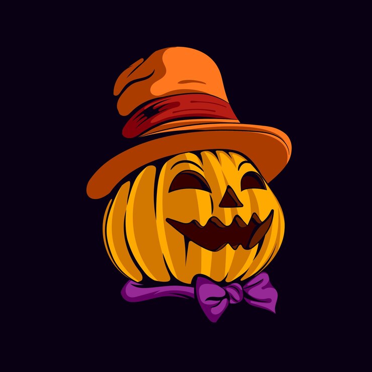Calabaza de Halloween con sombrero y lazo púrpura en una ilustración al estilo de dibujos animados