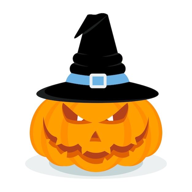 Calabaza de halloween de vector con un sombrero de brujas. Cartel de fiesta de Halloweeen. Icono de Halloweeen. Elementos de diseño para publicidad y promoción. Ilustración de dibujos animados plana. Objetos aislados sobre fondo blanco.