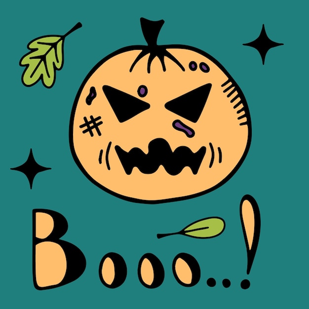 Calabaza y hojas con Booo letras halloween doodle clipart vector