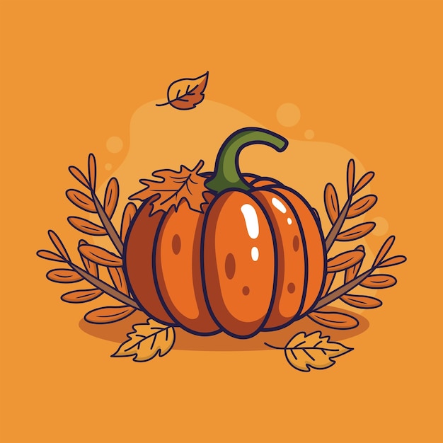 Calabaza con hojas de otoño Ilustración vectorial al estilo de dibujos animados