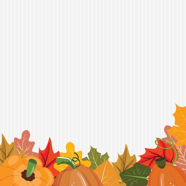 Calabaza y hojas de otoño en un telón de fondo a rayas perfectas para las banderas de otoño estacionales