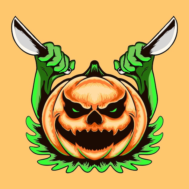 Calabaza con ilustración de vector de personaje de cuchillo