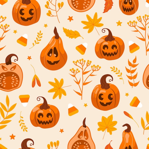 Calabaza jack lantern de patrones sin fisuras para Halloween. Dibujo gráfico de ilustración linda de vector en estilo de dibujos animados. Hojas de otoño, brujas y magia. Para papel tapiz, impresión en tela, envoltura.