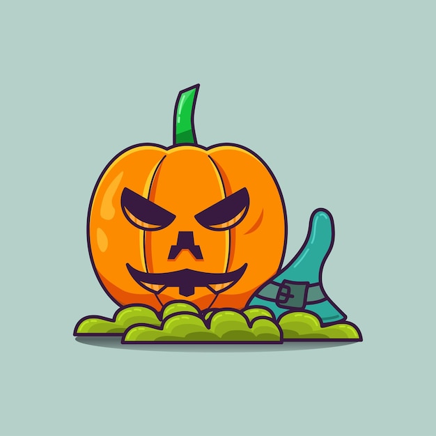 Calabaza linda simple al lado del sombrero de bruja en la ilustración de la hierba