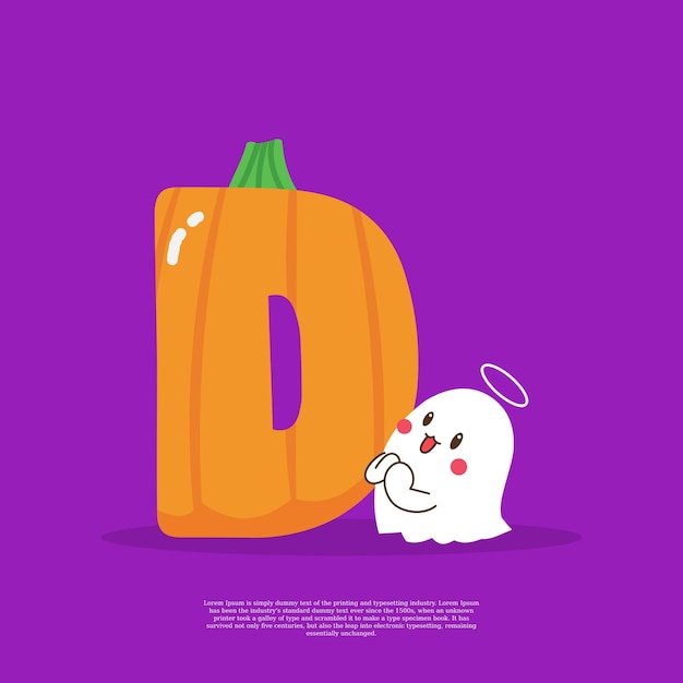 Calabaza más letra D con una linda pegatina fantasma emoji al lado de la ilustración vectorial