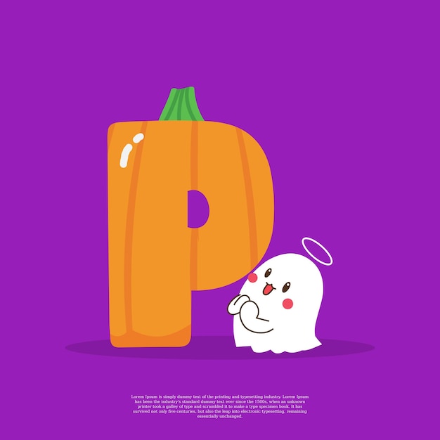 Calabaza más letra P con linda pegatina fantasma emoji al lado de la ilustración vectorial