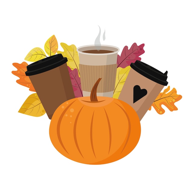 Calabaza naranja con tazas de café y hojas de otoño en un estilo plano, aislado en un fondo blanco