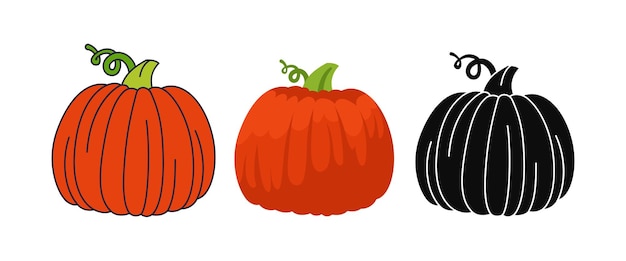 Calabaza plana conjunto de dibujos animados icono de doodle de línea estilo de glifo negro símbolo de halloween o día de acción de gracias