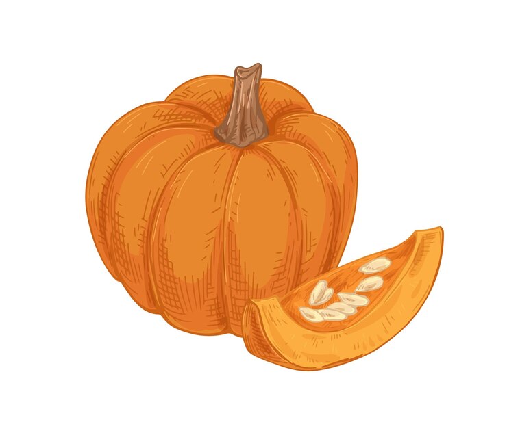 Vector calabaza redonda naranja y pieza cortada con semillas. composición vegetal de otoño dibujada en un estilo vintage realista. fruta de temporada de otoño. ilustración de vector dibujado a mano color aislado sobre fondo blanco