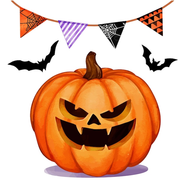Calabaza tallada de Halloween acuarela dibujada a mano con una cara aterradora para diseños de Halloween