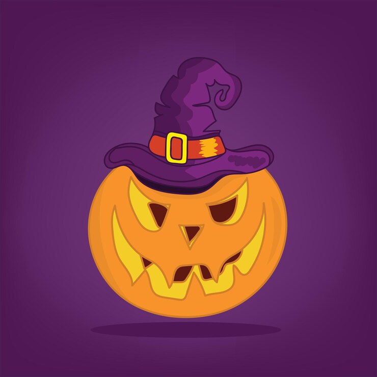 Calabaza de vector de Halloween con sombrero de bruja aislado