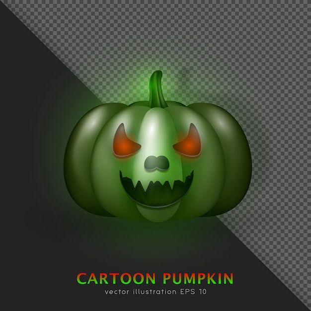 Calabaza zombie verde realista en 3D con cara enfadada y ojos rojos. Calabaza tallada envenenada de Halloween.