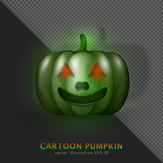 Calabaza zombie verde realista en 3D con cara sonriente y ojos rojos. Dibujos animados Halloween Jack o linterna