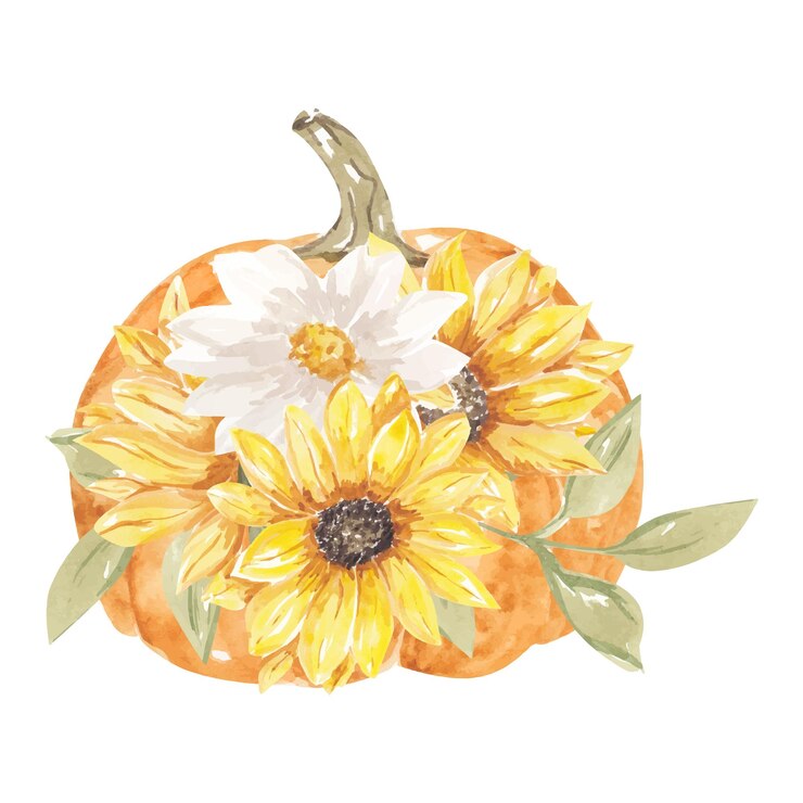 Calabazas de acuarela con ramo floral