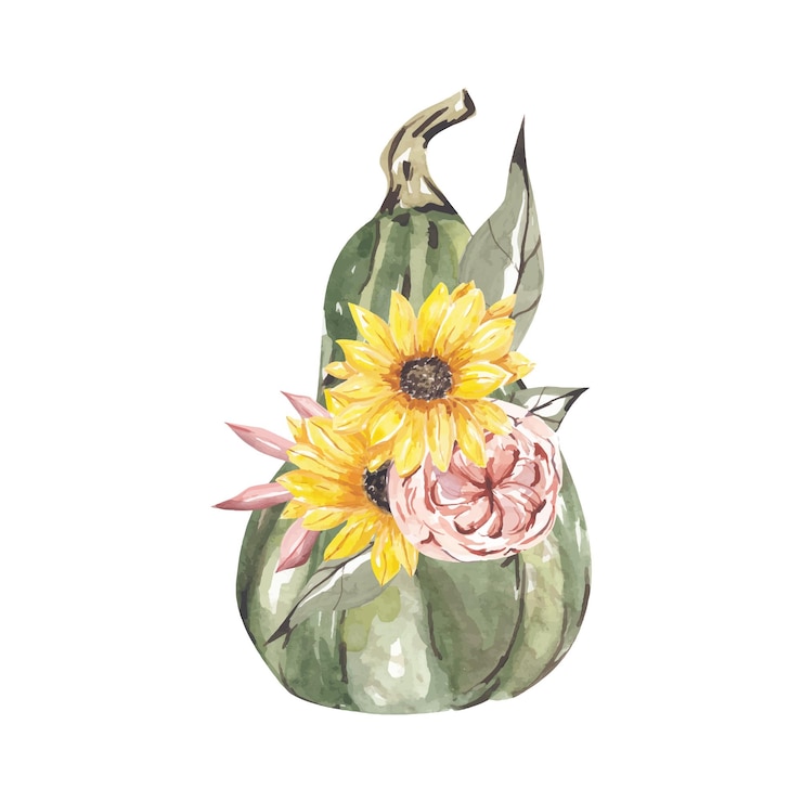 Calabazas de acuarela con ramo floral