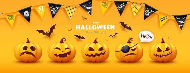 Calabazas amarillas de Halloween colecciones de caras sonrientes y aterradoras bandera colorida y pancarta voladora de murciélago
