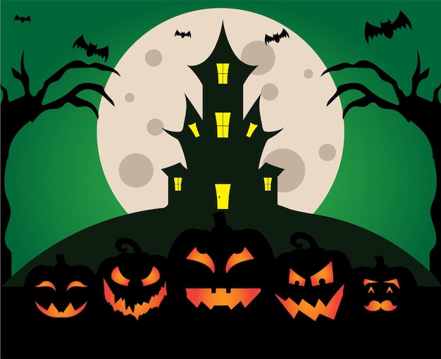 Vector calabazas aterradoras con casa de brujas halloween en luna llena