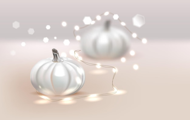 Calabazas blancas realistas y luces cálidas vector fondo de tarjeta de felicitación