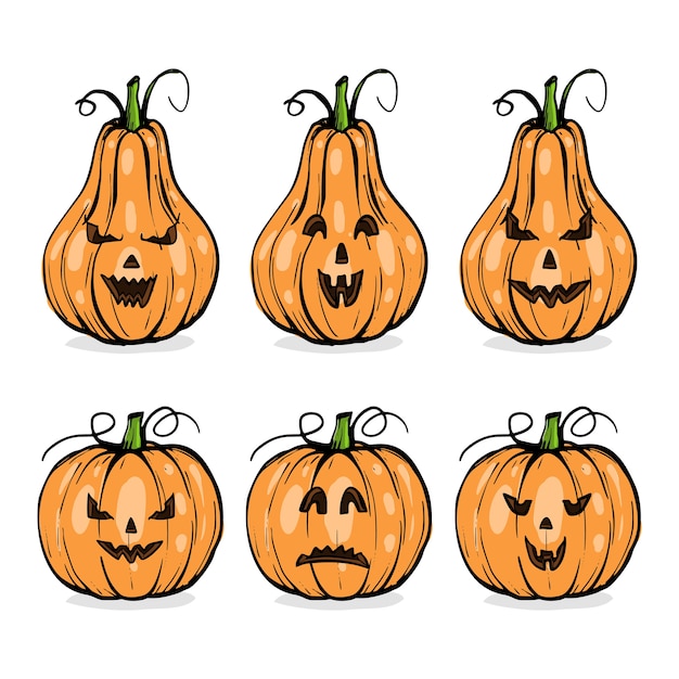 calabazas con caras de Halloween, conjunto de emociones, boceto dibujado a mano