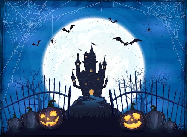 Calabazas cerca de la valla sobre fondo de luna azul con castillo oscuro y aterrador. tarjeta navideña con jack o lanterns, murciélagos y arañas. la ilustración en estilo de dibujos animados se puede utilizar para tarjetas navideñas, pancartas