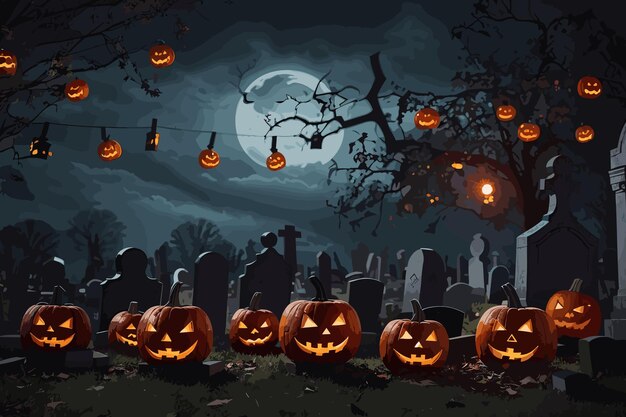 Vector calabazas de cráneos murciélagos luna y tumbas en el cementerio en la espeluznante noche de halloween pintura digital