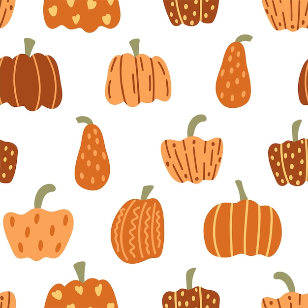 Calabazas dibujadas a mano patrón de otoño sin costuras Fondo con calabazas naranjas decoradas