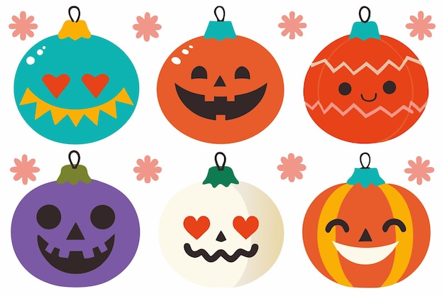 Calabazas de dibujos animados de Halloween con adornos navideños sobre un fondo blanco