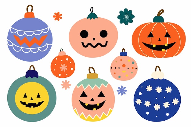 Calabazas de dibujos animados de Halloween con adornos navideños sobre un fondo blanco