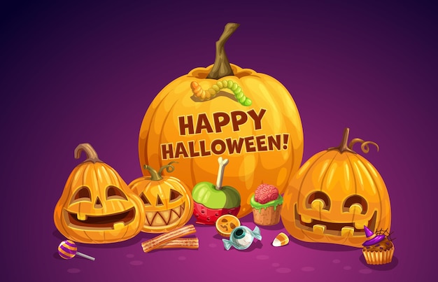 Vector calabazas y dulces de halloween para vacaciones de noche de terror y fiesta de truco o trato fondo vectorial de dibujos animados feliz halloween ojo espeluznante o gusano caramelo bruja cupcake con paleta de cerebro y hueso