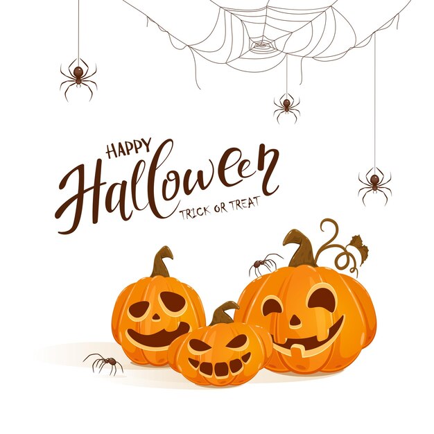Calabazas felices sobre fondo blanco de Halloween con arañas