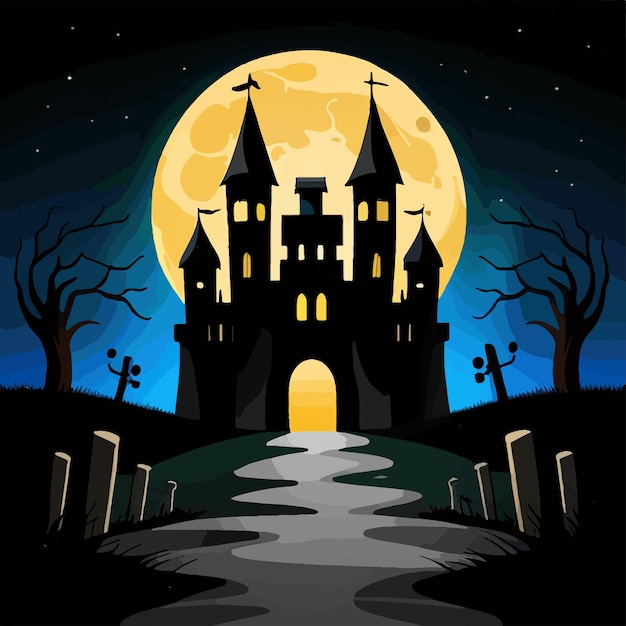 Vector calabazas de fondo de la noche de halloween y castillo oscuro contra el fondo de la luna y el vector de murciélagos