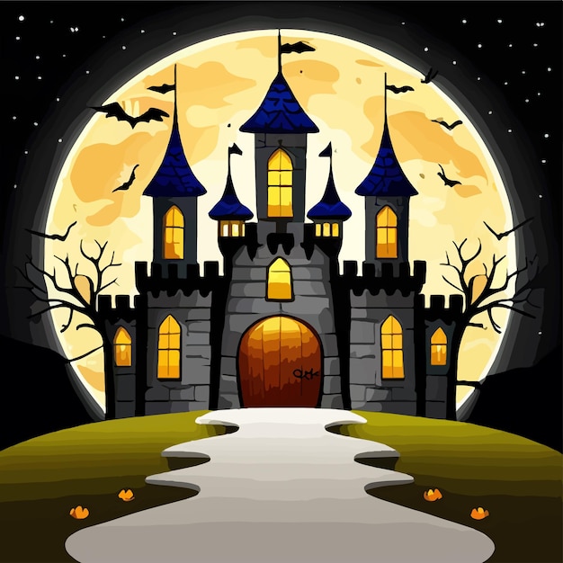 Calabazas de fondo de la noche de Halloween y castillo oscuro contra el fondo de la luna y el vector de murciélagos