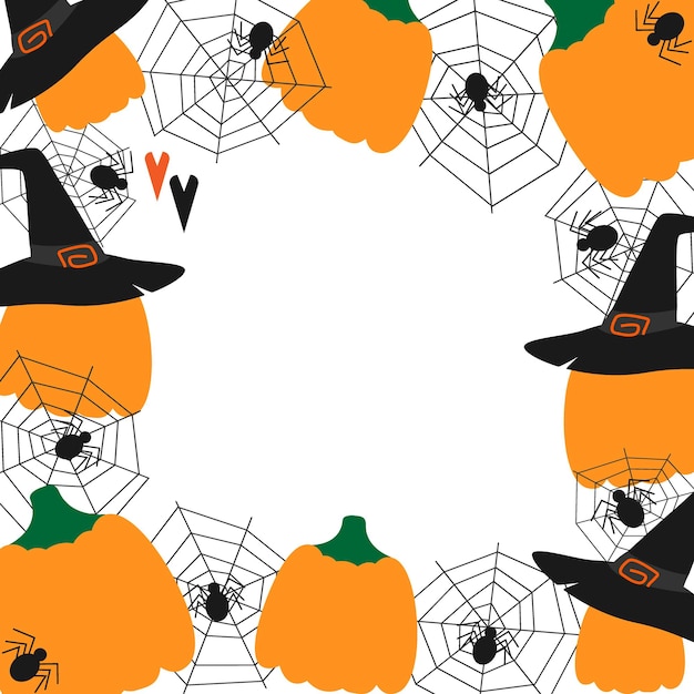 Calabazas en gorras de brujas arañas en telarañas marco cuadrado borde saludos de Halloween copia plantilla de espacio