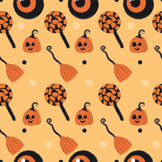 Las calabazas de Halloween, los caramelos y el patrón de la escoba Vector