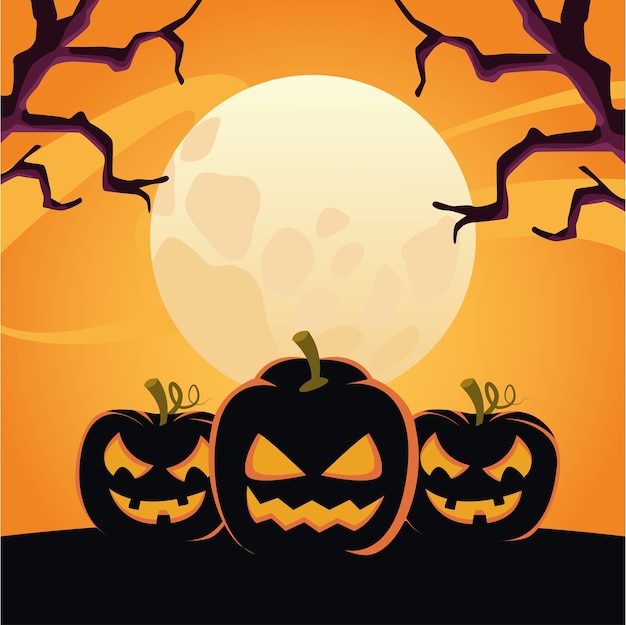 Calabazas de halloween con caras en la escena nocturna