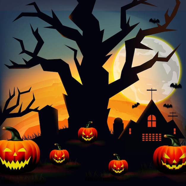 Calabazas de Halloween y castillo oscuro para la ilustración de vector de tarjeta de felicitación de fondo