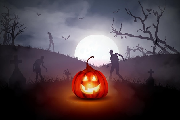 Vector calabazas de halloween cementerio de árboles espeluznantes y zombie con luz de luna sobre fondo naranja