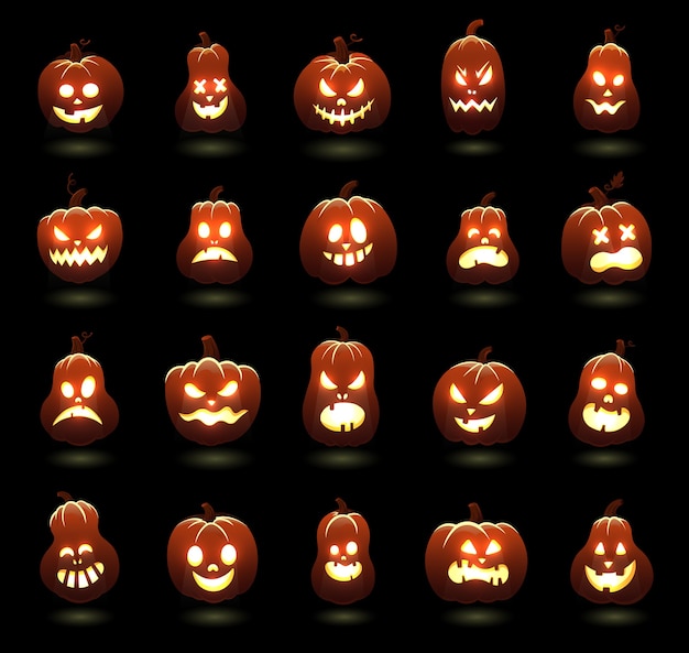 Calabazas de halloween. dibujos animados de miedo tallado personajes de calabaza, caras de calabazas que brillan intensamente enojadas, conjunto de ilustración de decoración espeluznante de vacaciones. carácter de vacaciones de halloween, horror de sonrisa naranja,