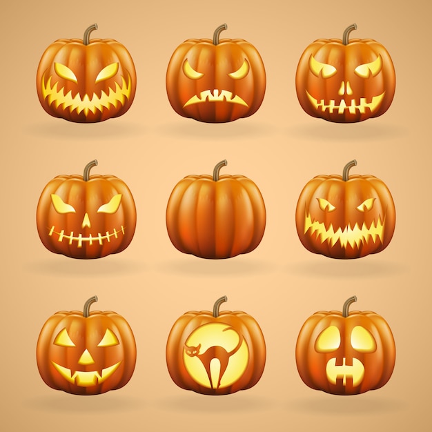 Vector calabazas de halloween con diferentes caras.