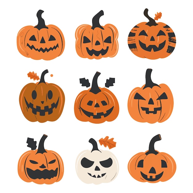 Las calabazas de Halloween establecen una ilustración vectorial sobre un fondo blanco