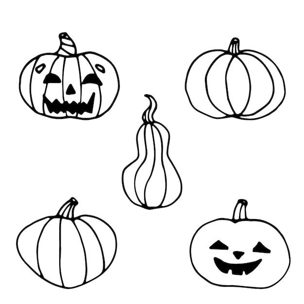 Calabazas de Halloween estilo doodle ilustración vectorial conjunto aislado sobre fondo blanco