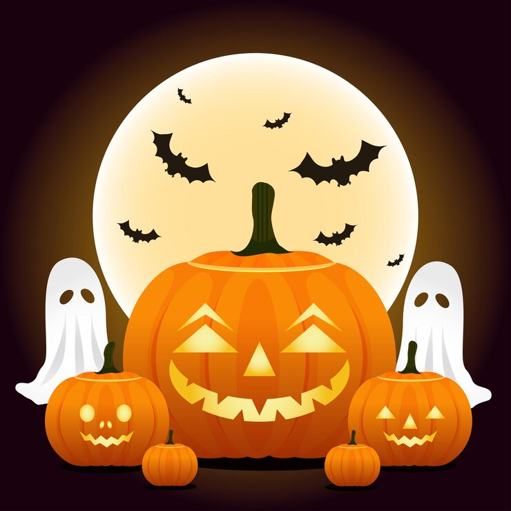 Calabazas de Halloween con fantasmas en la noche.