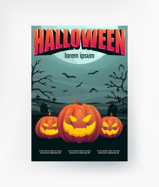 Calabazas de Halloween en el fondo del cementerio. Plantilla de póster de vacaciones. Vector.