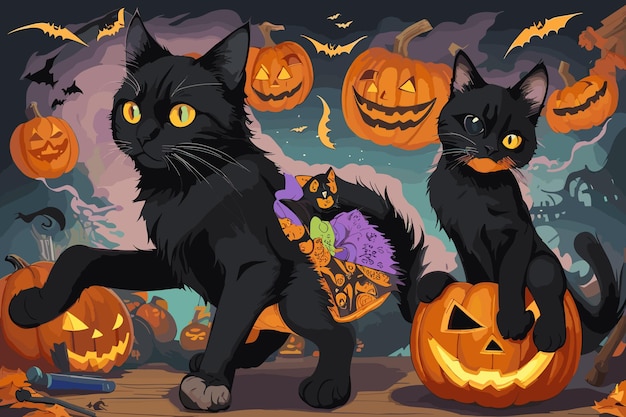 Vector calabazas de halloween, gatos negros, murciélagos y telas de araña frente a un vector e ilustración de luna naranja