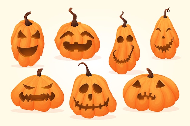 Calabazas de Halloween jack linterna con muecas talladas ojos y boca conjunto de ilustraciones aisladas de dibujos animados vectoriales