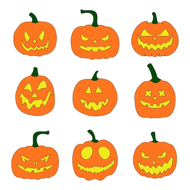 Calabazas de Halloween con linda sonrisa Conjunto de ilustraciones de dibujos animados vectoriales